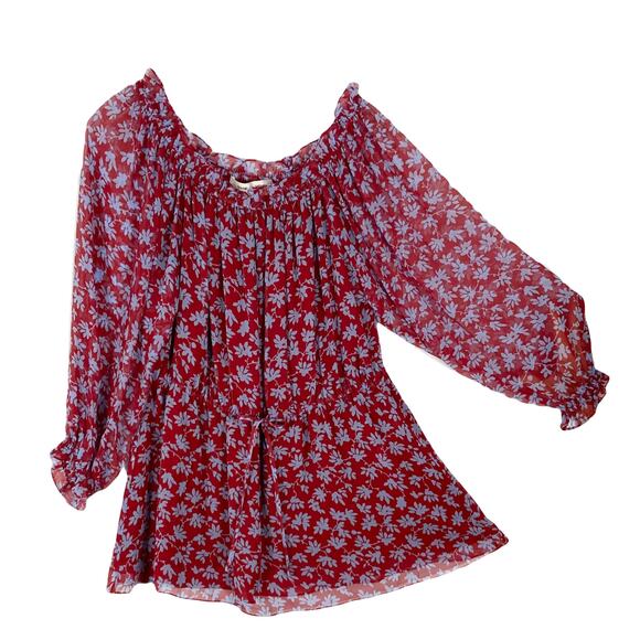 NWOT DIANE VON FURSTENBERG Top 10 Red Silk Off/On Shoulder Floral Puff-Slv Lined